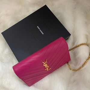 Hot Pink YSL crossbody/clutch with gold chain